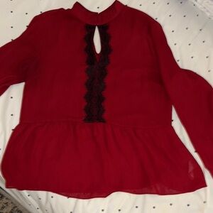 MK Red with Black Lace detail Keyhole Peplum Blouse